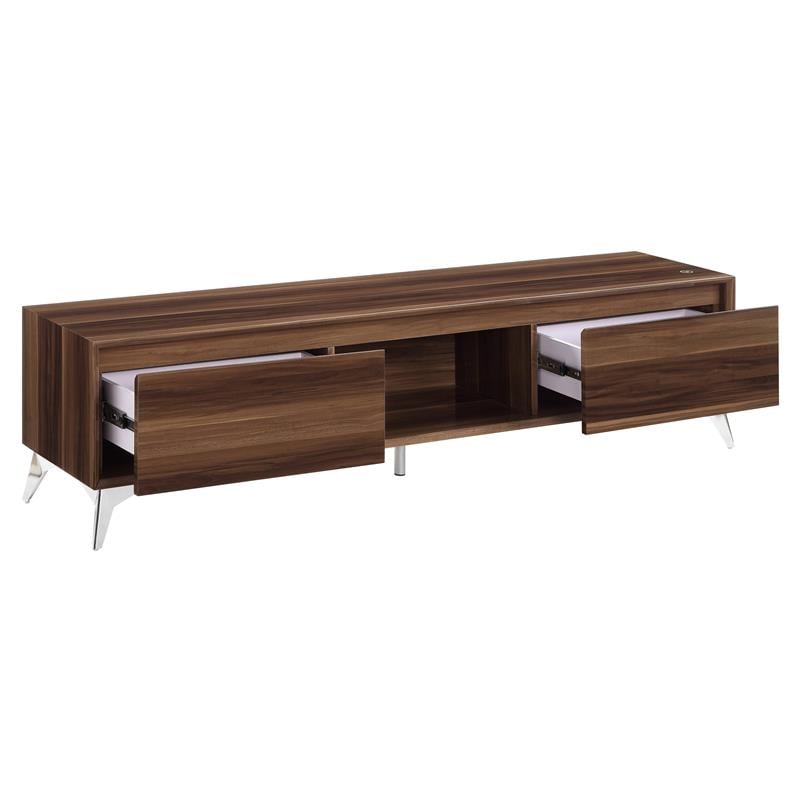 ACME Raceloma Wooden 2-Drawer TV Stand with LED Lighting in Walnut and Chrome