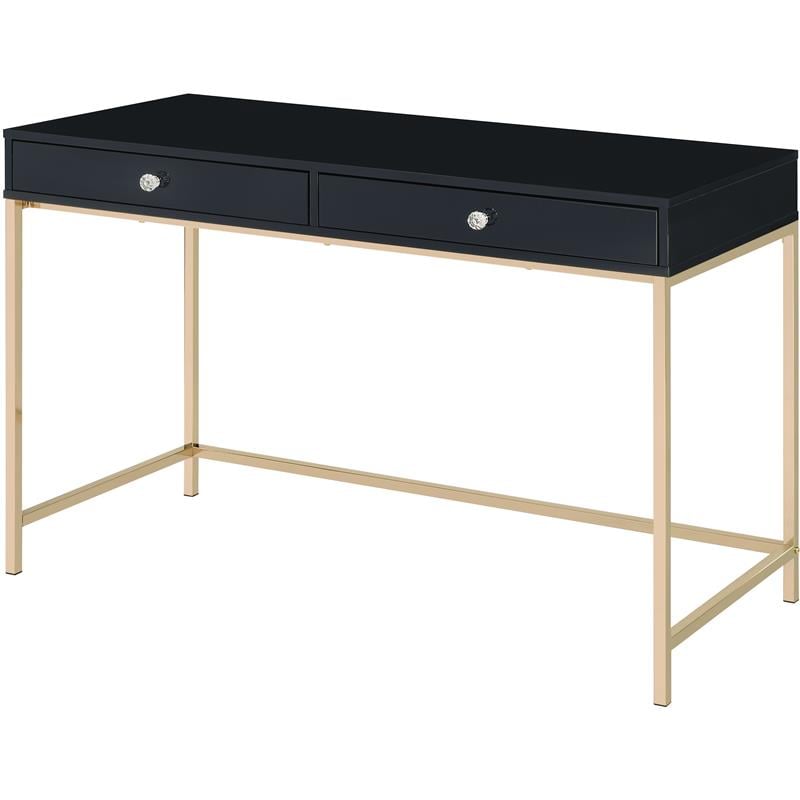 ACME Ottey Wooden 2-Drawer Writing Desk in Black High Gloss and Gold Finish