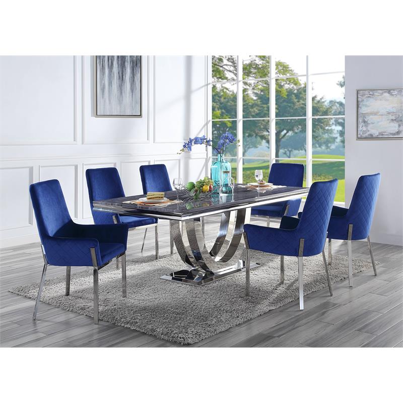 ACME Cambrie Velvet Upholstery Side Chair in Blue and Mirrored Silver (Set of 2)