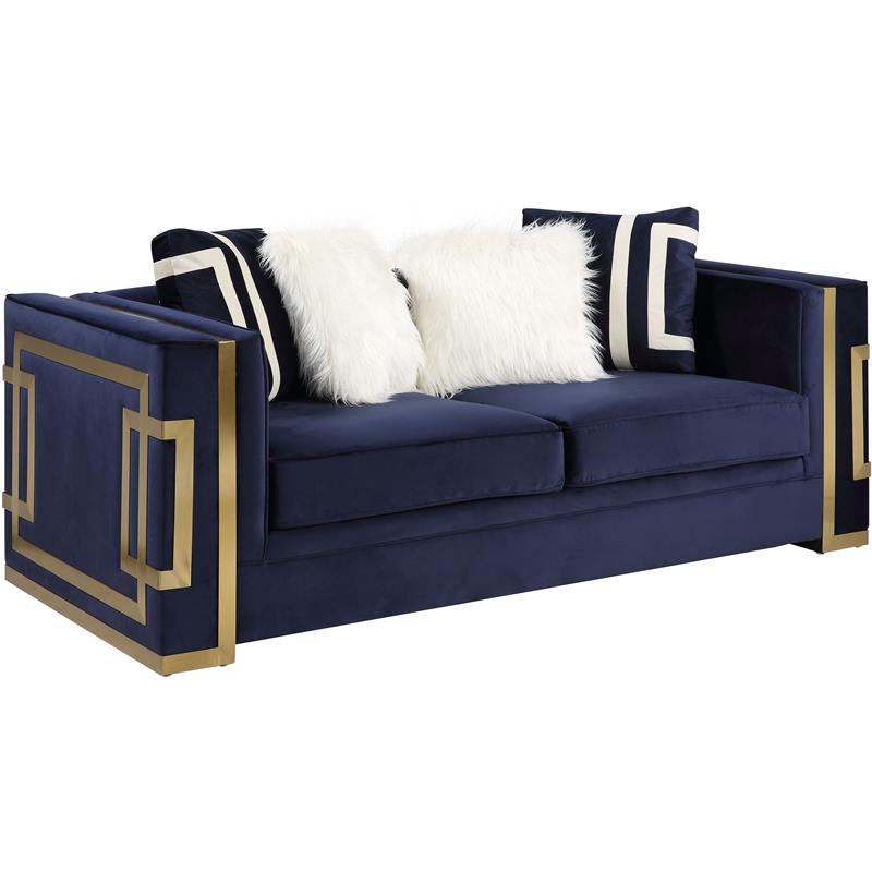 ACME Virrux Velvet Upholstered Loveseat with 4 Pillows in Blue and Gold