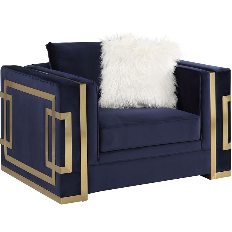 ACME Virrux Velvet Upholstery Chair with 2 Pillows in Blue and Gold