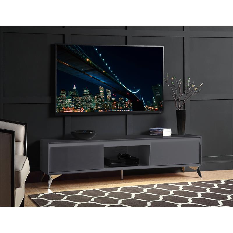 ACME Raceloma Wooden 2-Drawer TV Stand with LED Lighting in Gray and Chrome