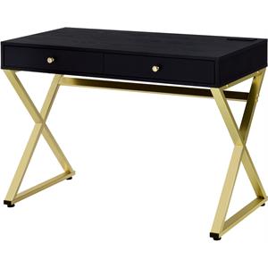 acme coleen vanity desk set in black & brass finish