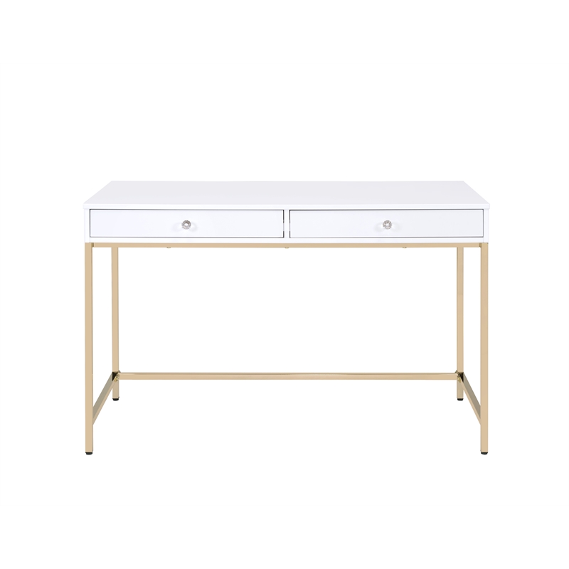ACME Ottey Vanity Desk Set in White High Gloss & Gold Finish
