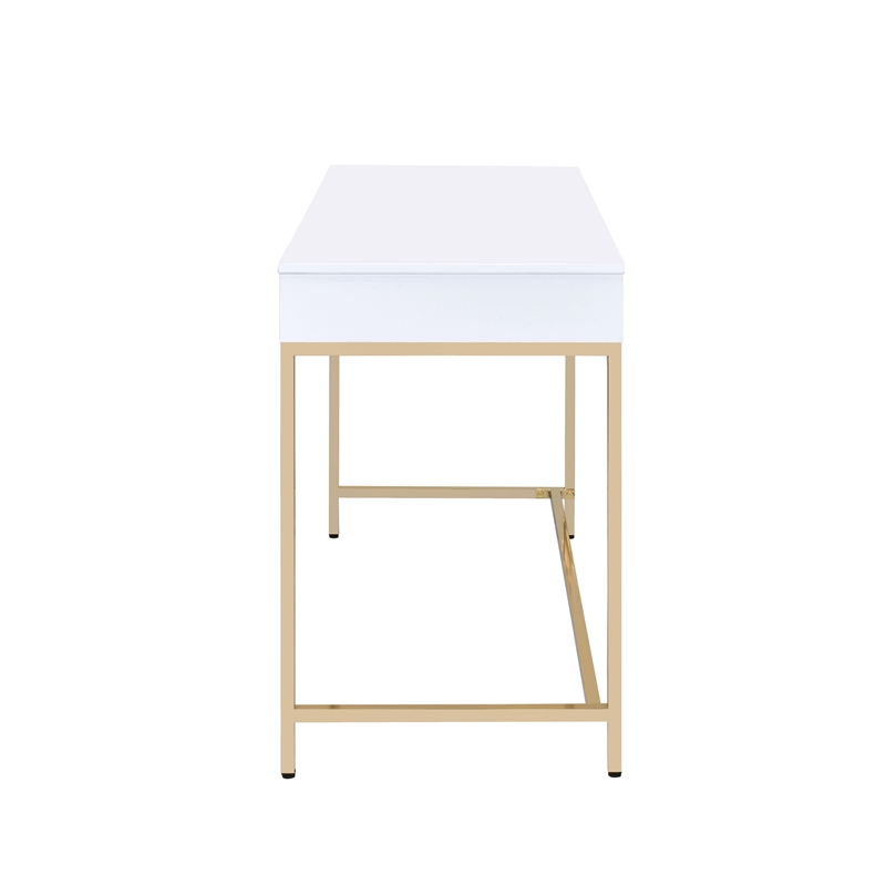 ACME Ottey Vanity Desk Set in White High Gloss & Gold Finish