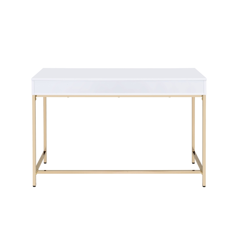 ACME Ottey Vanity Desk Set in White High Gloss & Gold Finish