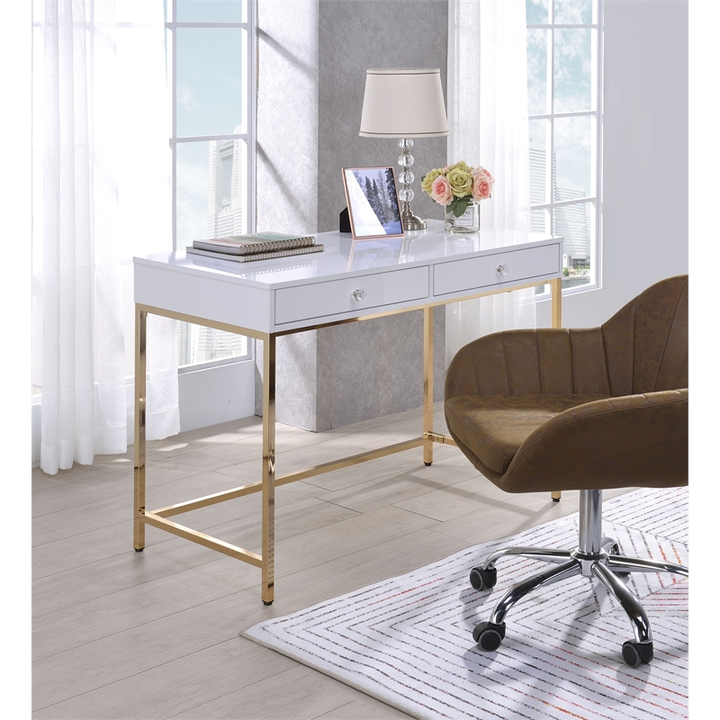 ACME Ottey Vanity Desk Set in White High Gloss & Gold Finish