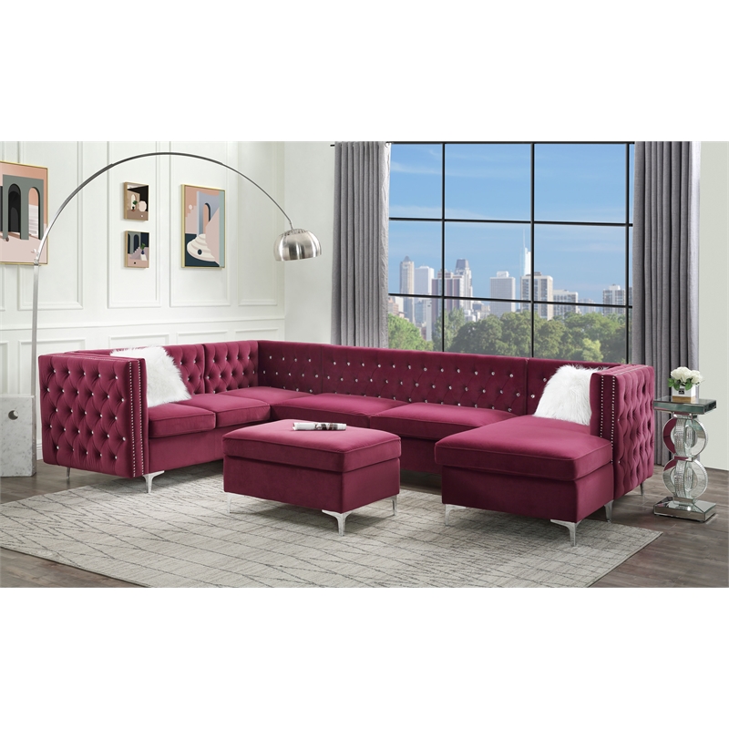 ACME Jaszira Pine Wood and Velvet Upholstered 6-Piece Sectional Sofa in Burgundy