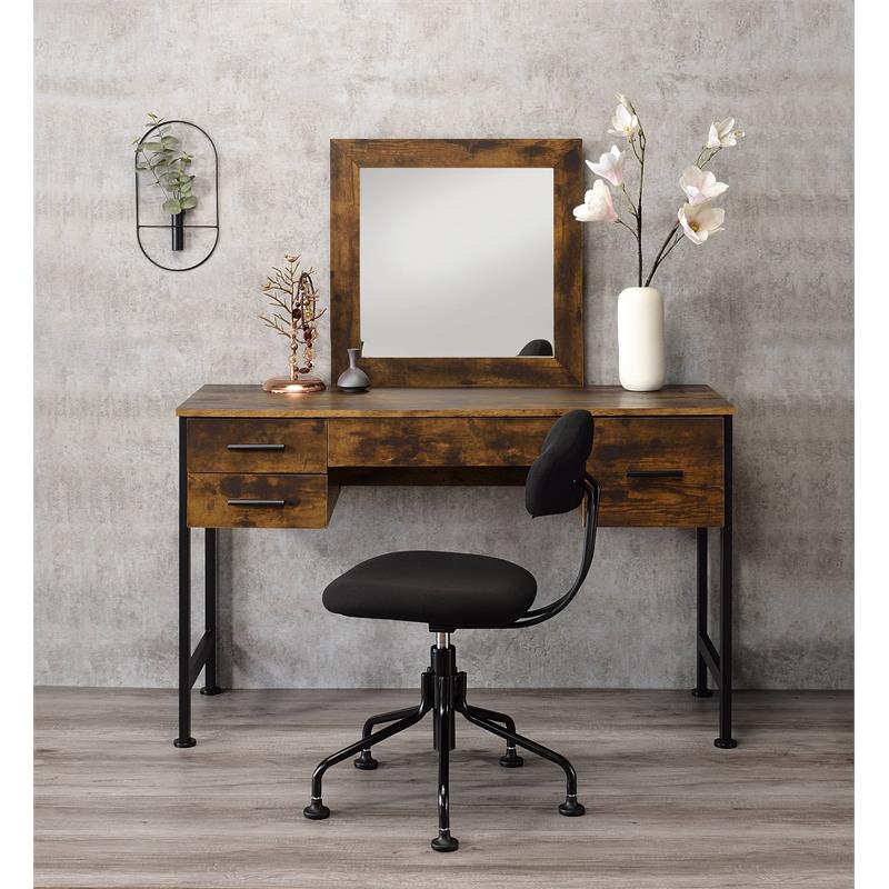 ACME Juvanth Wooden Vanity Desk and Mirror in Rustic Oak and Black
