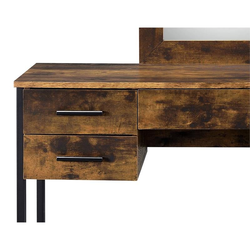 ACME Juvanth Wooden Vanity Desk and Mirror in Rustic Oak and Black