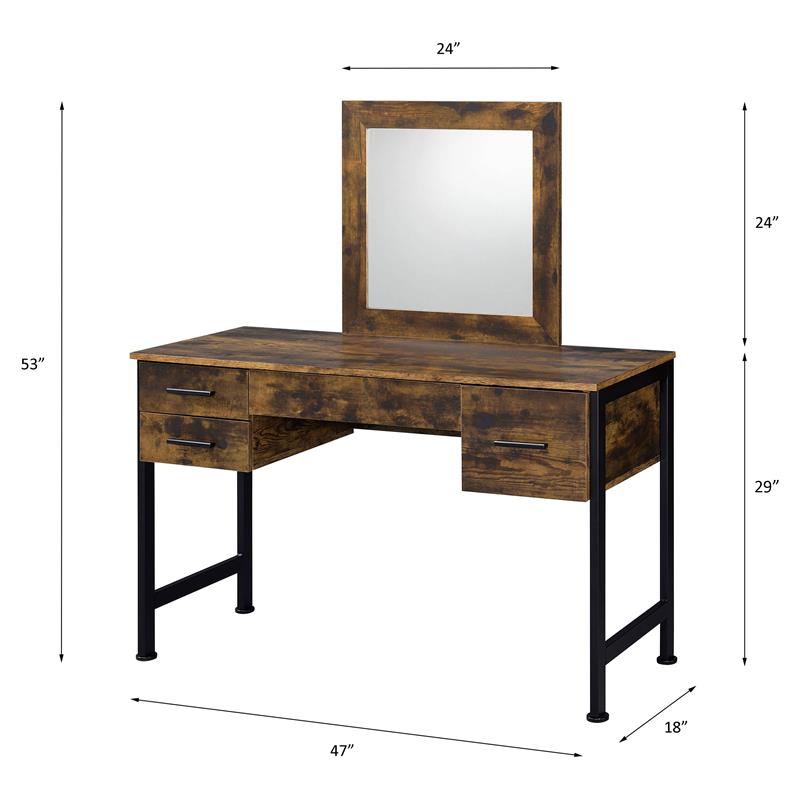 ACME Juvanth Wooden Vanity Desk and Mirror in Rustic Oak and Black