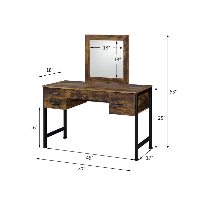 ACME Juvanth Wooden Vanity Desk and Mirror in Rustic Oak and Black