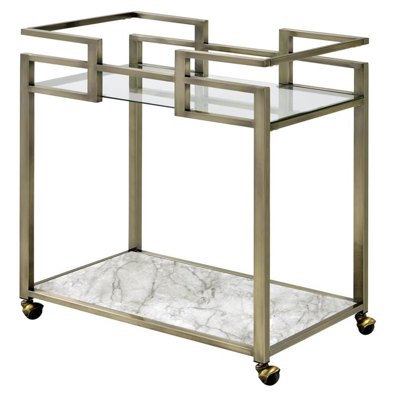 ACME Neilo Metal Frame Serving Cart with Glass Top Shelf in Clear and Wire Brass