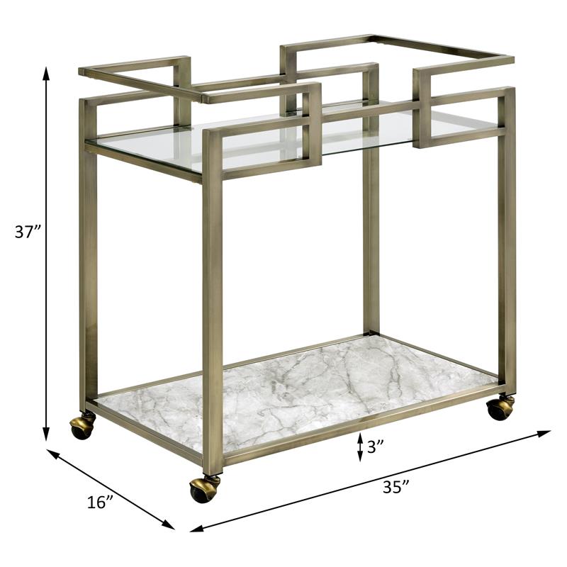 ACME Neilo Metal Frame Serving Cart with Glass Top Shelf in Clear and Wire Brass