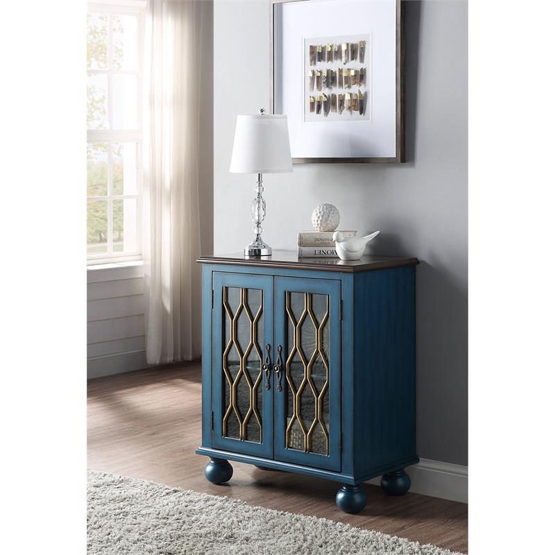 ACME Lassie Wooden Console Table with 2 Glass Doors in Antique Blue