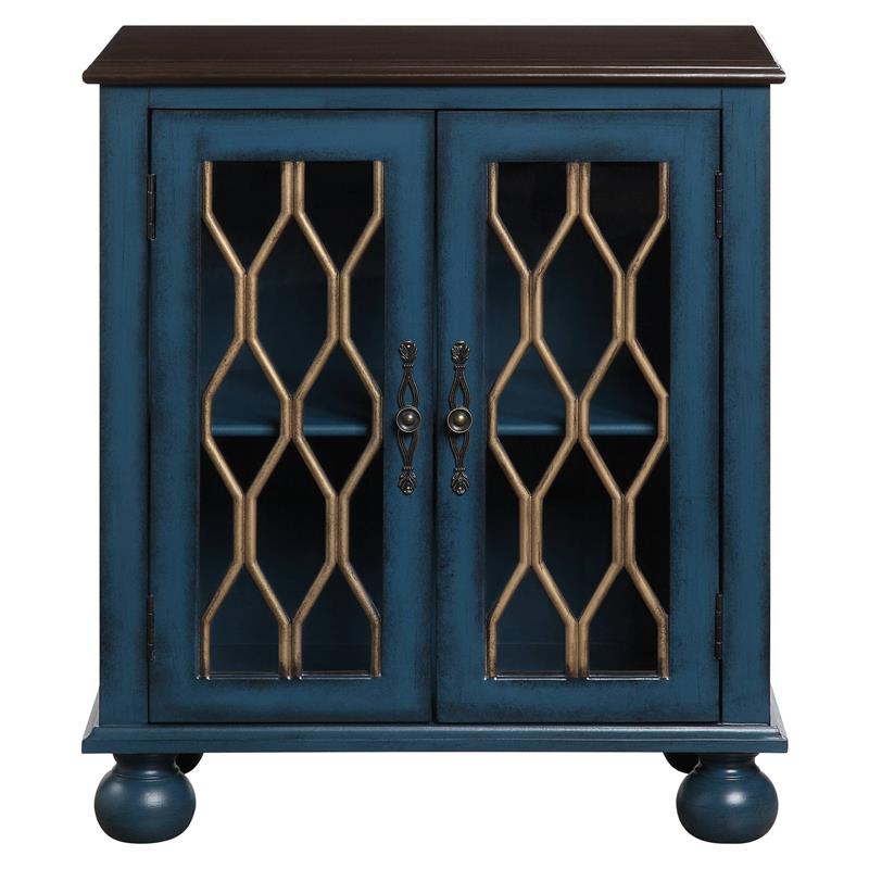 ACME Lassie Wooden Console Table with 2 Glass Doors in Antique Blue