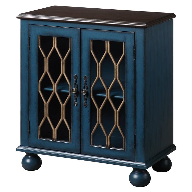 ACME Lassie Wooden Console Table with 2 Glass Doors in Antique Blue