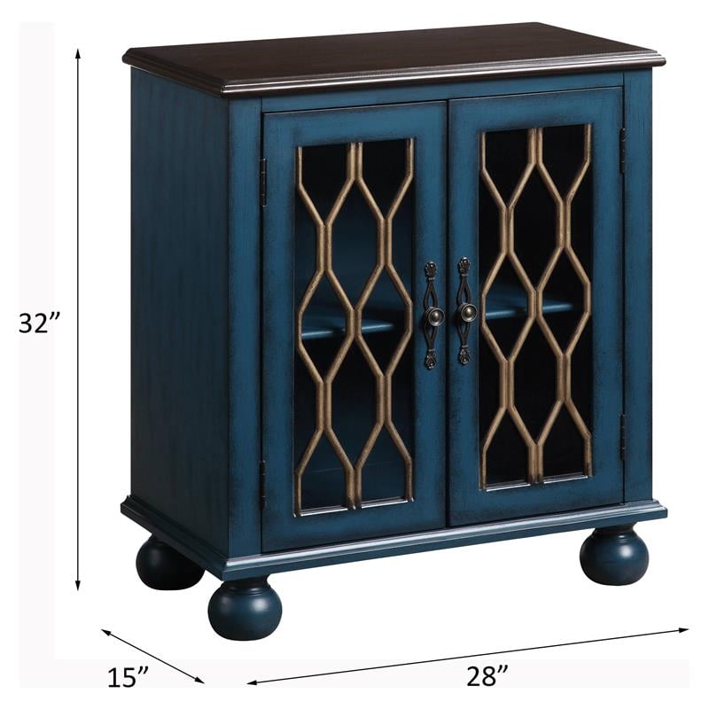 ACME Lassie Wooden Console Table with 2 Glass Doors in Antique Blue