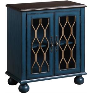 acme lassie wooden console table with 2 glass doors in antique blue