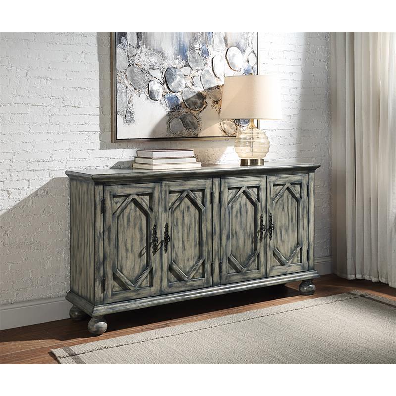 ACME Pavan 4 Doors Wooden Console Table with 2 Shelves Inside in Rustic Gray
