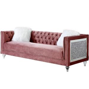 acme heiberoii button tufted velvet upholstery sofa with nailhead trim in pink