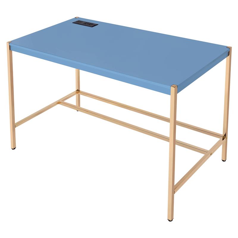ACME Midriaks Wooden Top Writing Desk with USB Port in Navy Blue and Gold