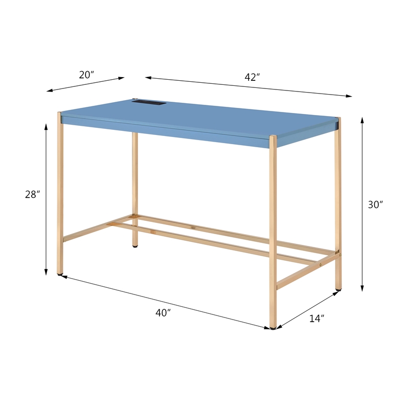 ACME Midriaks Wooden Top Writing Desk with USB Port in Navy Blue and Gold