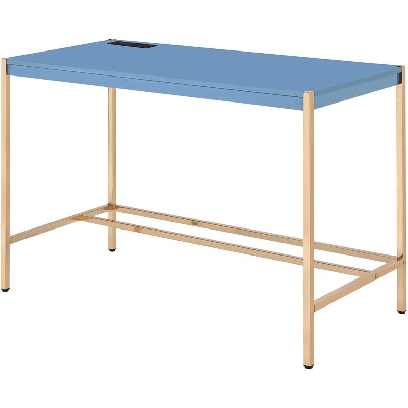 ACME Midriaks Wooden Top Writing Desk with USB Port in Navy Blue and Gold