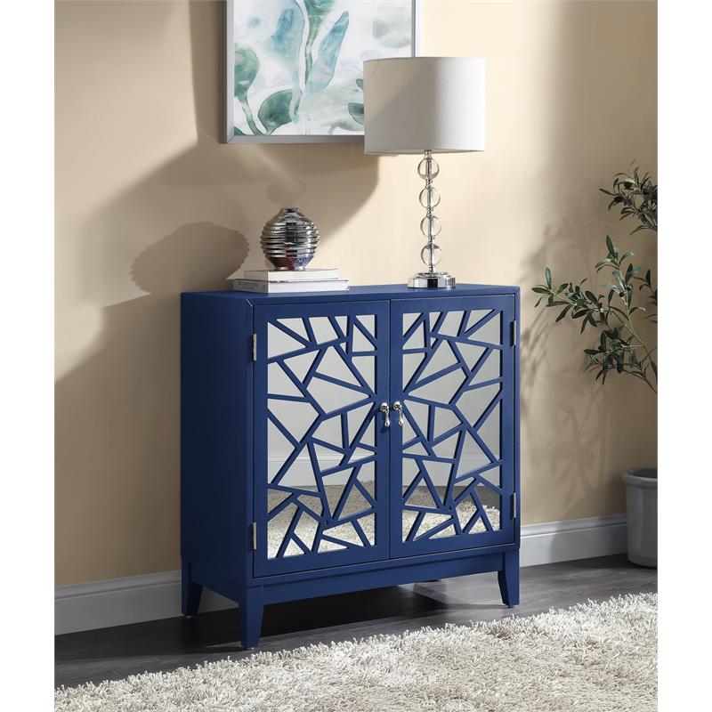 ACME Einstein Wooden Rectangular Console Table with 2 Mirrored Doors in Blue