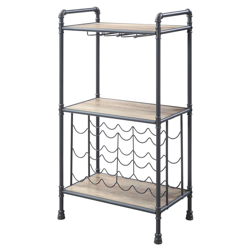 ACME Brantley Metal Wine Rack with Wooden Shelves in Antique Oak and Sandy Gray