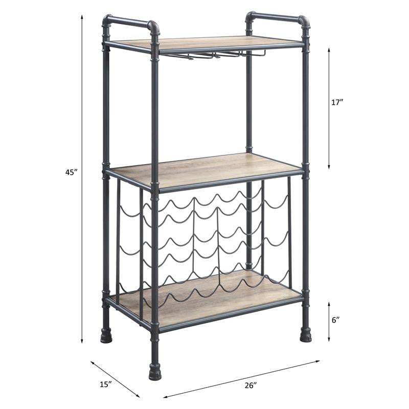 ACME Brantley Metal Wine Rack with Wooden Shelves in Antique Oak and Sandy Gray