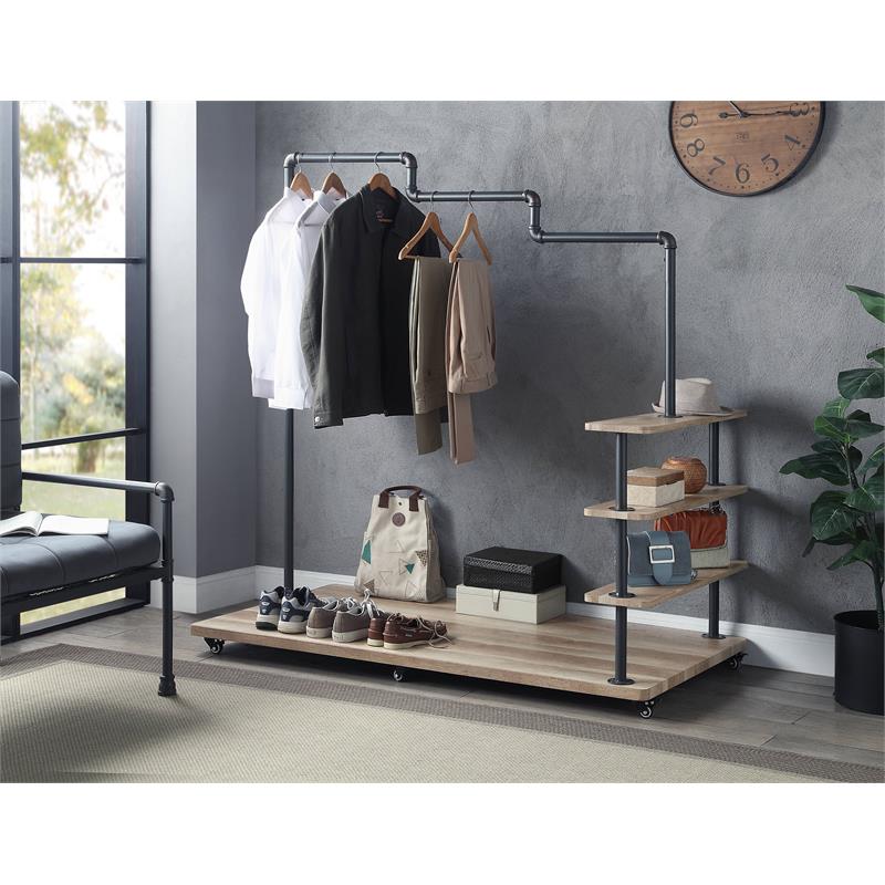 ACME Brantley Metal Hanger Rack with 4 Wooden Tier Shelf in Oak and Sandy Gray