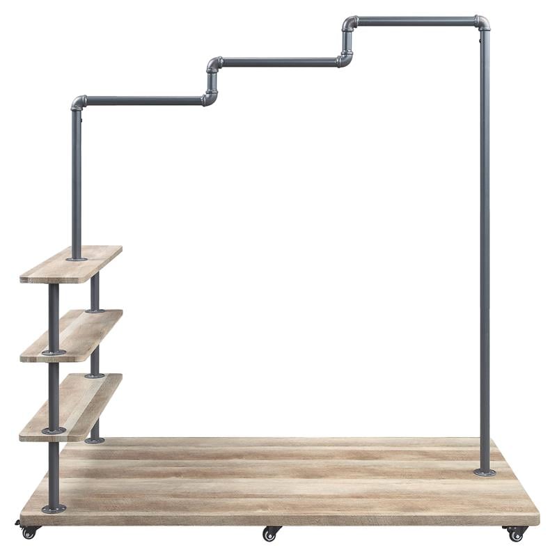 ACME Brantley Metal Hanger Rack with 4 Wooden Tier Shelf in Oak and Sandy Gray