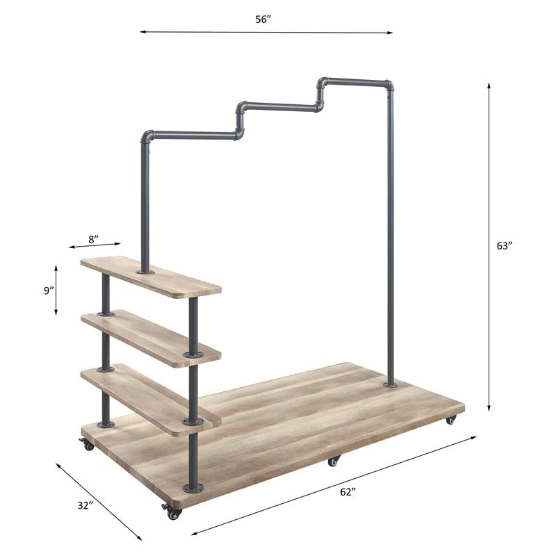 ACME Brantley Metal Hanger Rack with 4 Wooden Tier Shelf in Oak and Sandy Gray