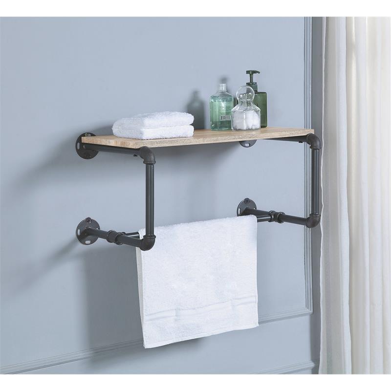 ACME Brantley Metal Wall Rack with Wooden Shelf in Oak and Sandy Gray