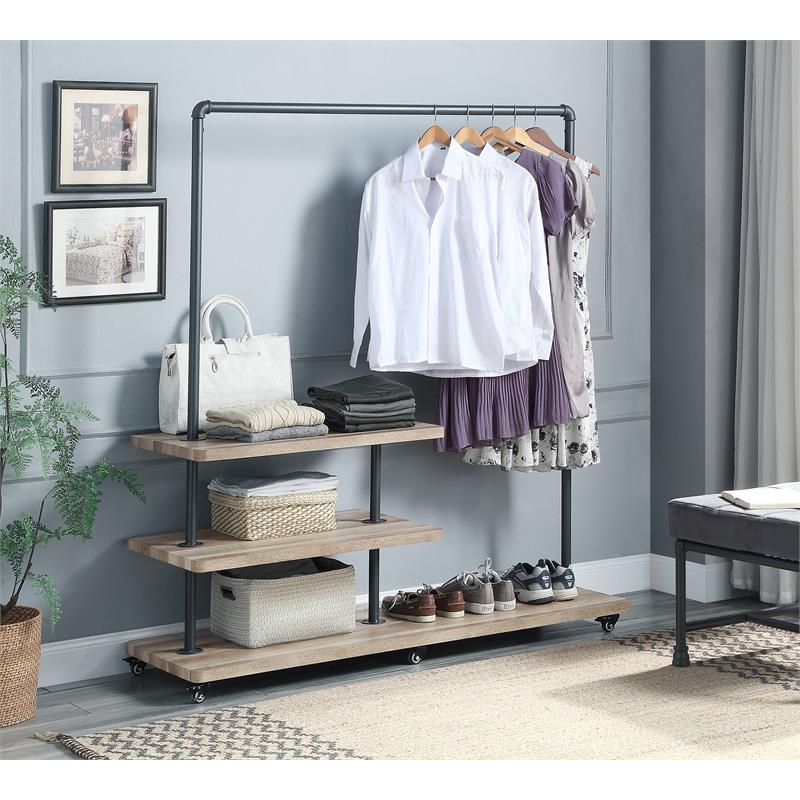ACME Brantley Metal Hanger Rack with 3 Wooden Tier Shelf in Oak and Sandy Gray