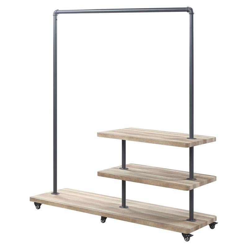 ACME Brantley Metal Hanger Rack with 3 Wooden Tier Shelf in Oak and Sandy Gray