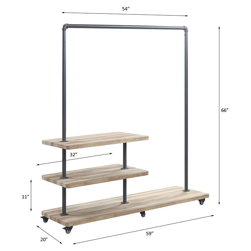 ACME Brantley Metal Hanger Rack with 3 Wooden Tier Shelf in Oak and Sandy Gray