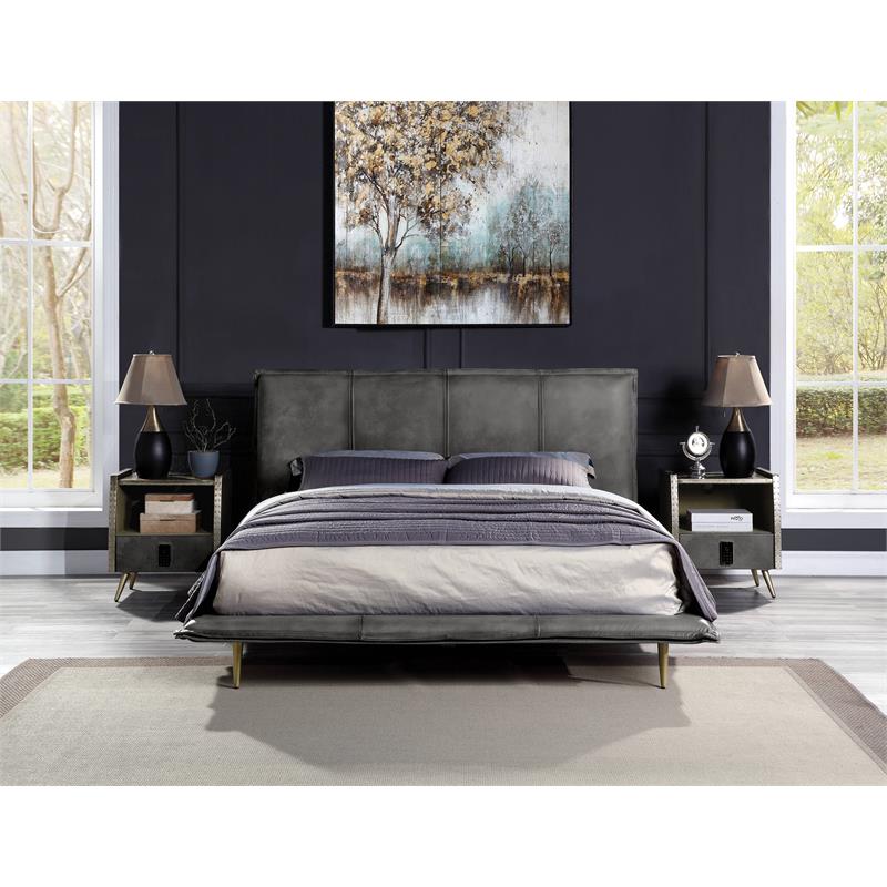 ACME Metis Top Grain Leather Upholstered Eastern King Bed in Gray