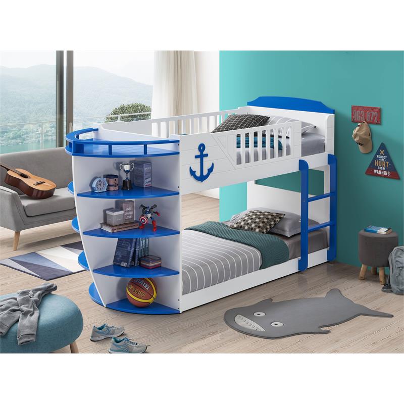 ACME Neptune Wooden Twin over Twin Bunk Bed with Storage Shelves in Sky Blue
