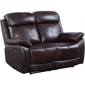 acme perfiel leather upholstered motion loveseat in two tone dark brown