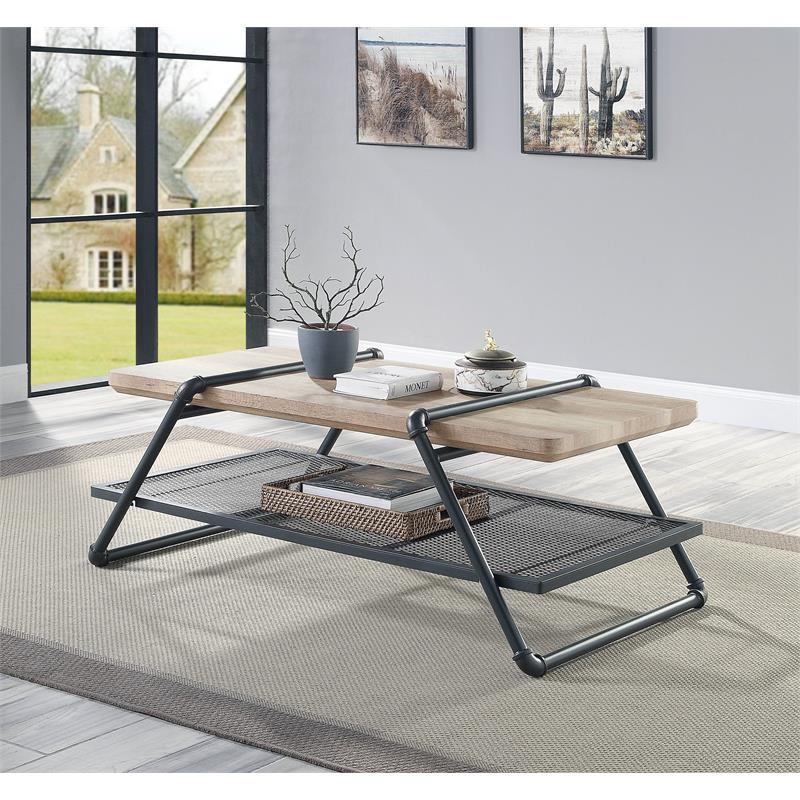 ACME Brantley Wooden Top Coffee Table with Metal Frame in Oak and Sandy Gray