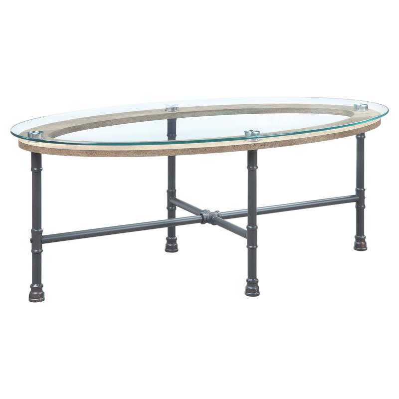 ACME Brantley Pipe Style Oval Glass Top Coffee Table in Clear and Sandy Gray