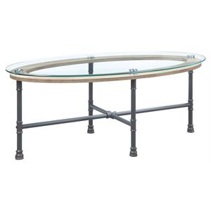 acme brantley pipe style oval glass top coffee table in clear and sandy gray