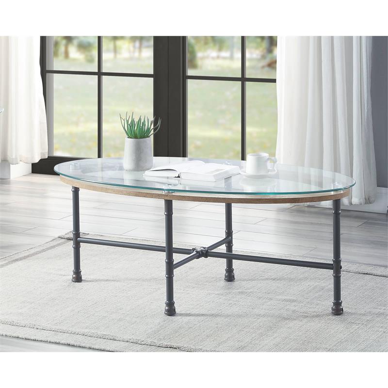 ACME Brantley Pipe Style Oval Glass Top Coffee Table in Clear and Sandy Gray