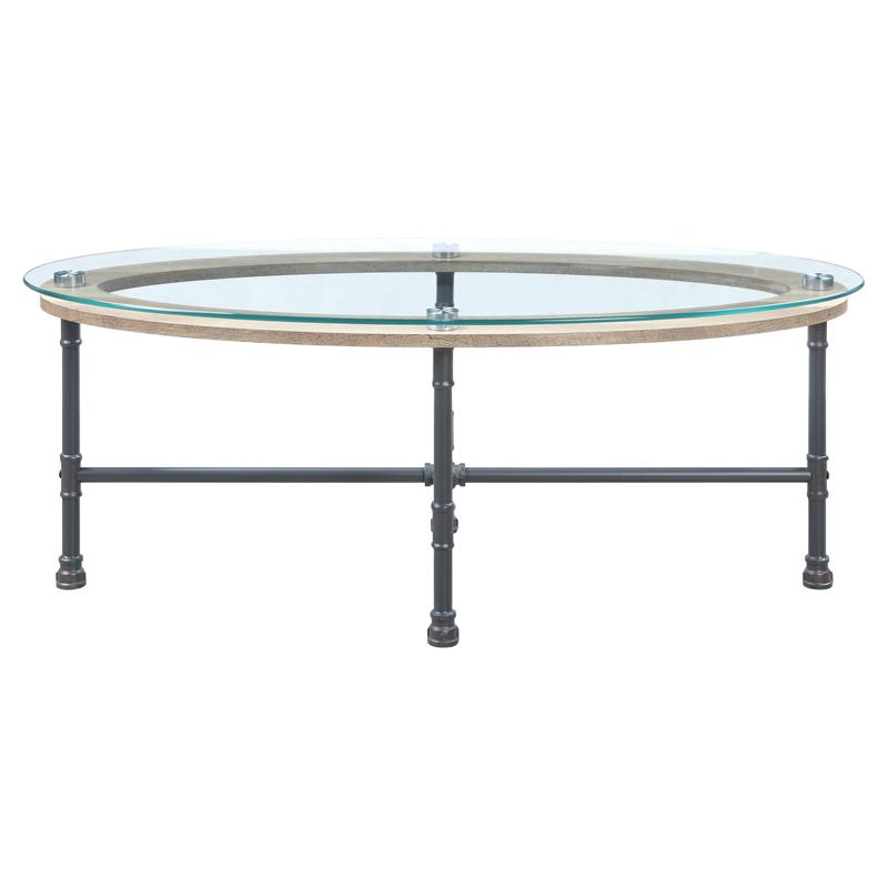 ACME Brantley Pipe Style Oval Glass Top Coffee Table in Clear and Sandy Gray