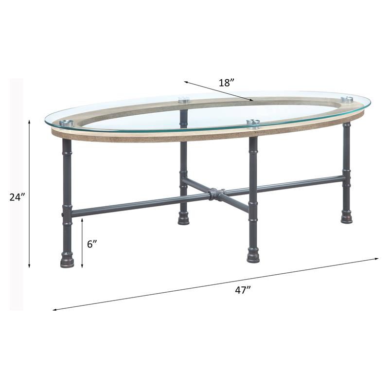 ACME Brantley Pipe Style Oval Glass Top Coffee Table in Clear and Sandy Gray