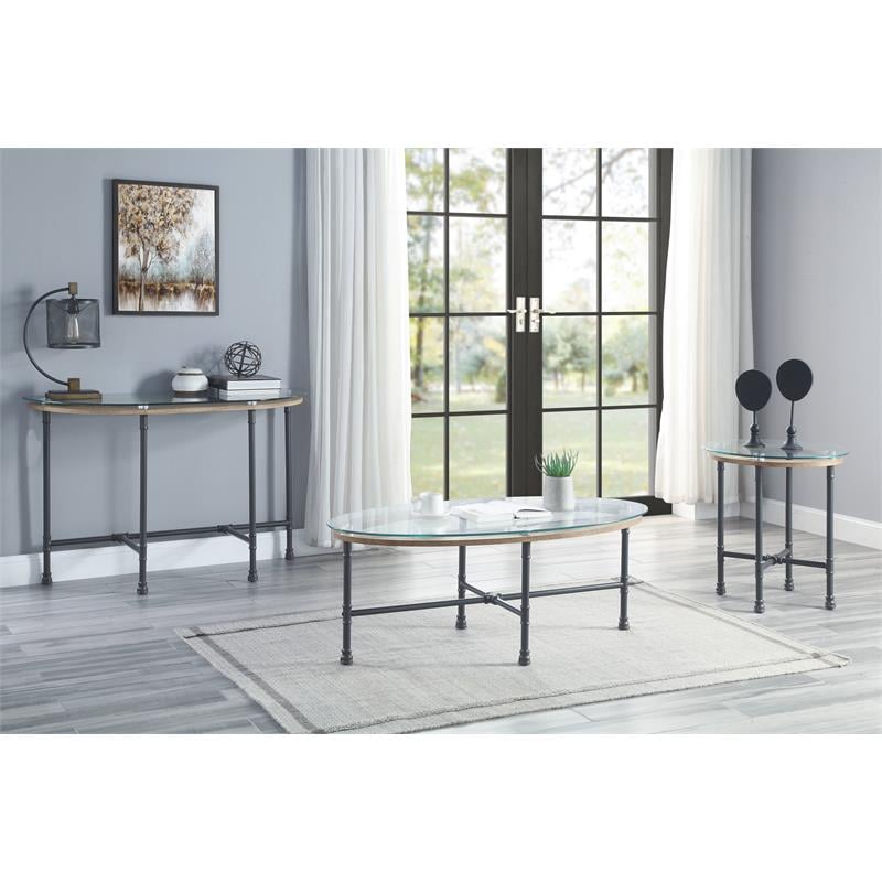 ACME Brantley Pipe Style Round Glass Top End Table in Clear and Sandy Gray