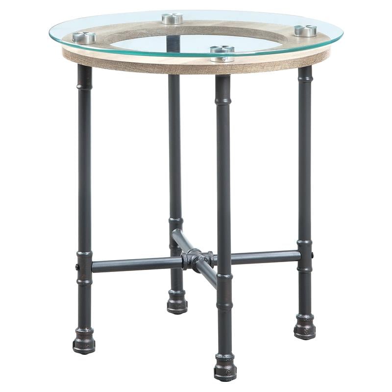 ACME Brantley Pipe Style Round Glass Top End Table in Clear and Sandy Gray