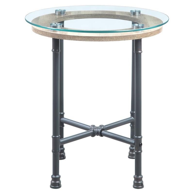 ACME Brantley Pipe Style Round Glass Top End Table in Clear and Sandy Gray
